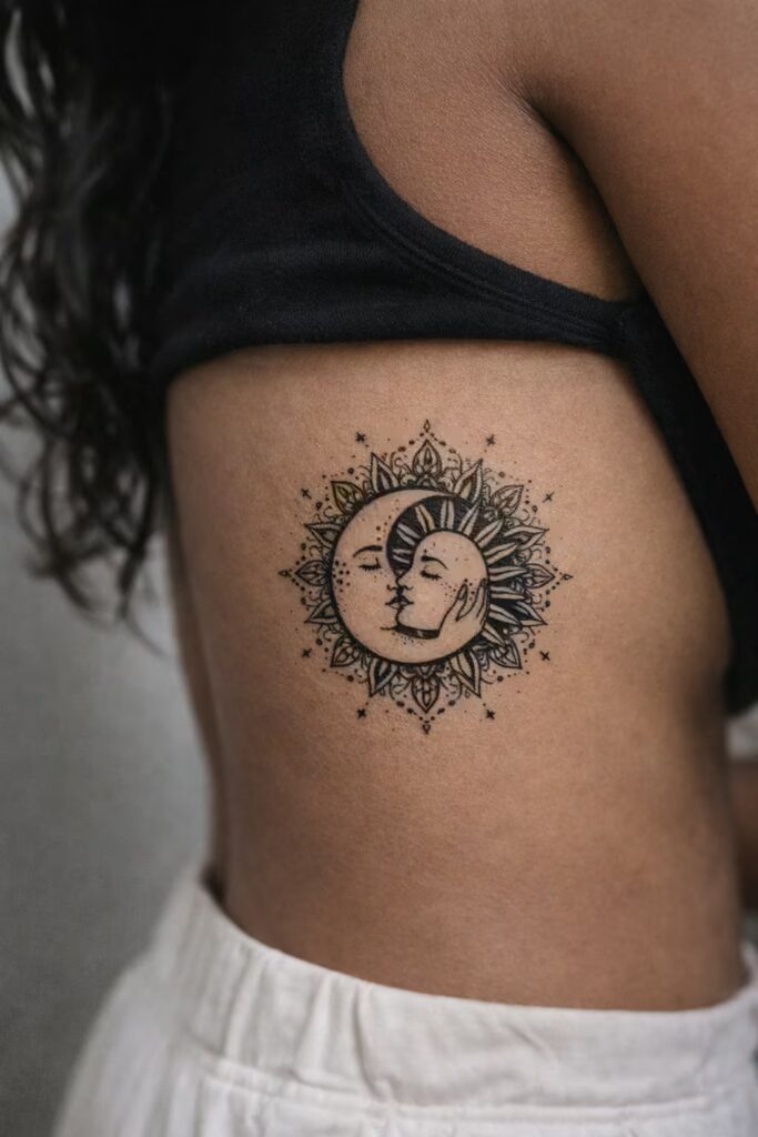 19. Mandala Sun & Moon Celestial Tattoo – Celestial Lovers