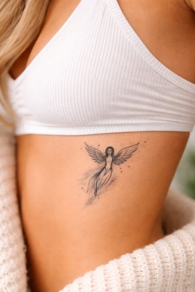 Minimal Line Angel Silhouette Tattoo Idea