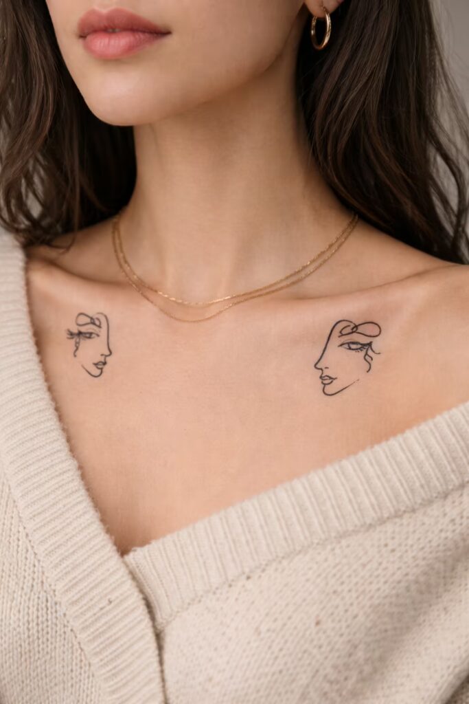 Minimal Line Faces Collarbone Tattoo Design
