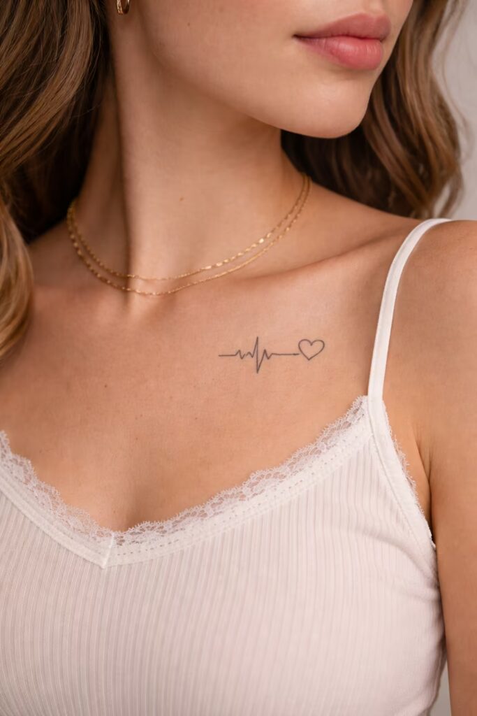 Minimal Script Heartbeat Line Collarbone Tattoo