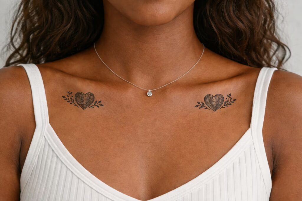 Minimalist Fingerprint Heart Collarbone Tattoo with Floral Detailing