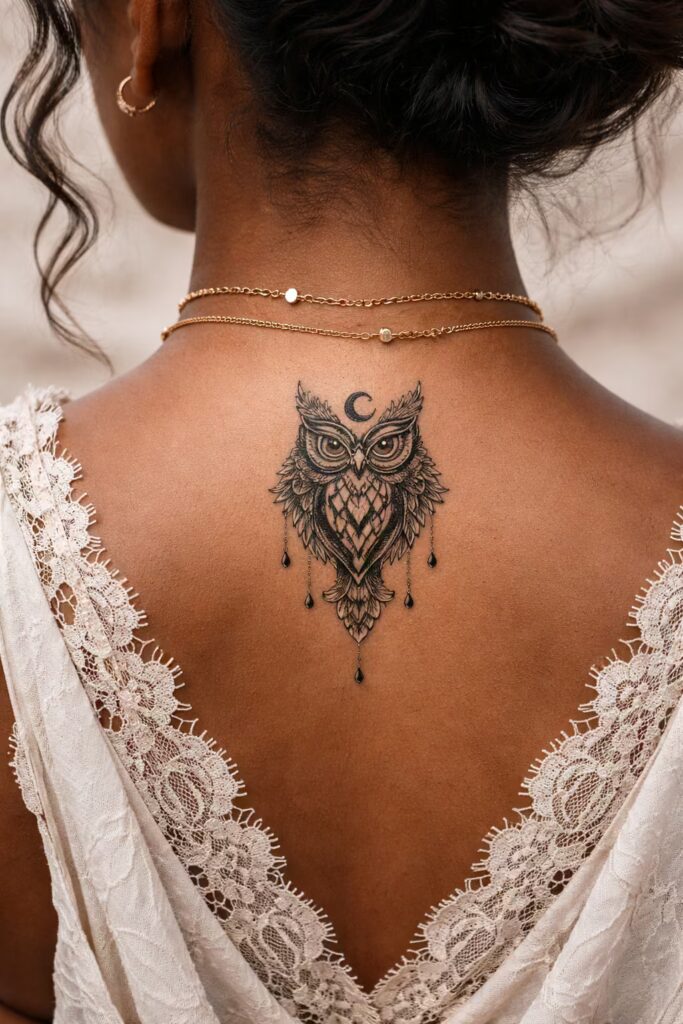 Ornamental Tattoo Owl Totem on Nape