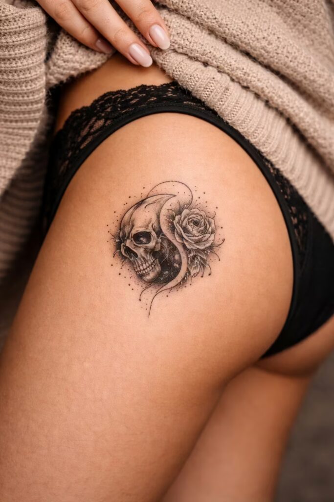 Rose & Skull Balance Leg Tattoos – Life & Death