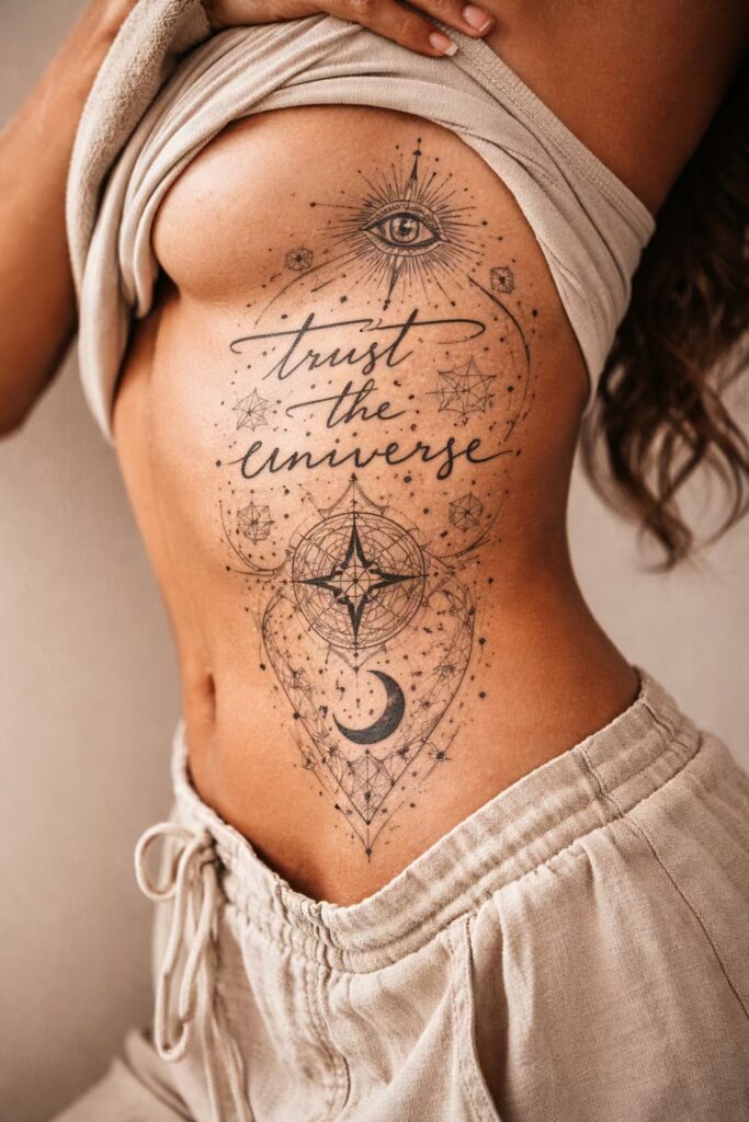 Script + Geometric Overlay Side Tattoo