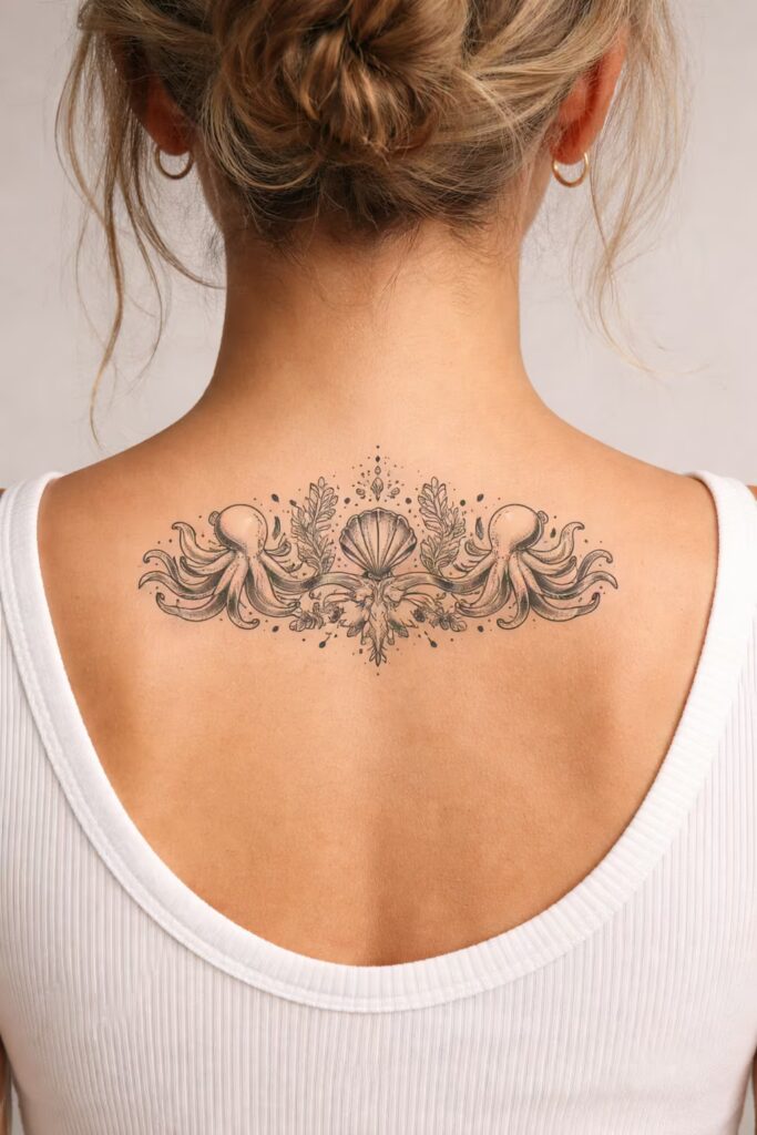 Seahorse & Octopus Linework Symmetrical Tattoos (Floral Accents)