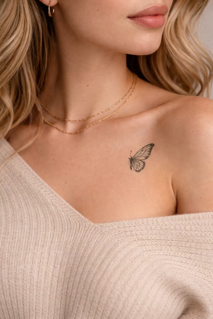 Single-Line Half Butterfly Tattoo on Collarbone 