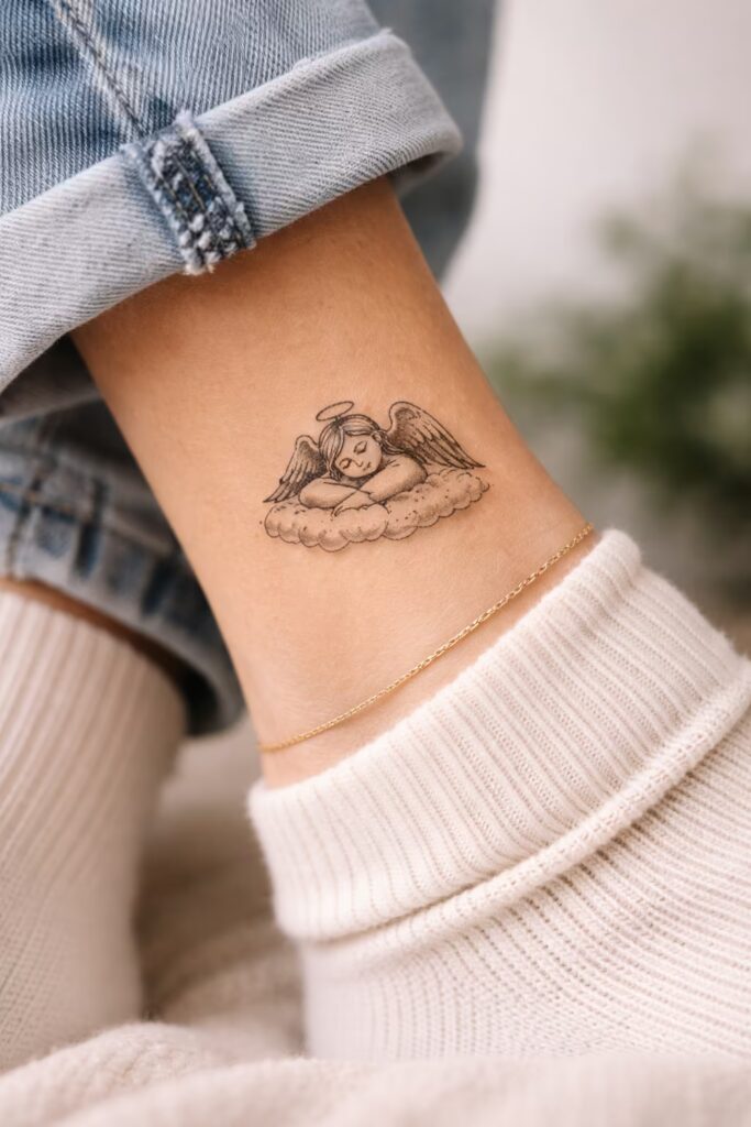 Sleeping Angel Blackwork Tattoo Idea