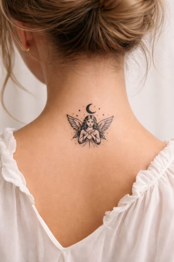 14. Star Guardian Angel Neo-Traditional Celestial Tattoo