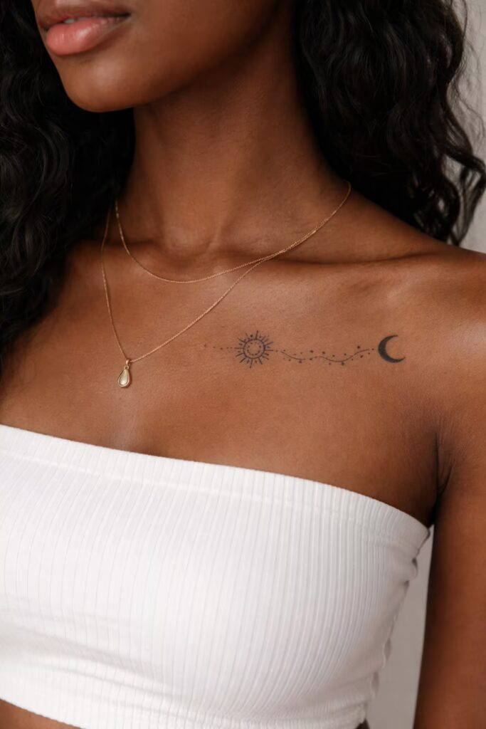 Sun & Moon Fine Line Tattoo on Collarbone 