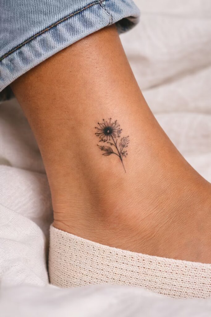 Sunflower Accent Micro Floral Ankle Tattoo