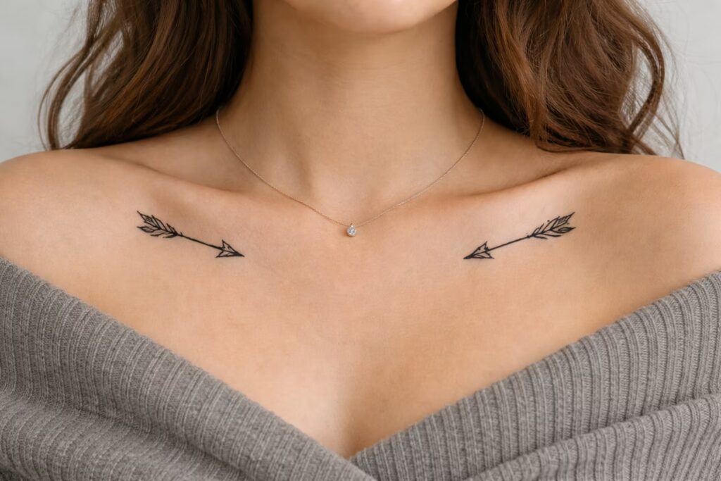 Tiny Arrow Pair Collarbone Tattoo Design