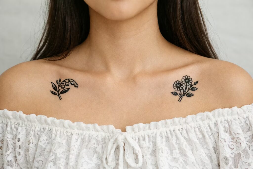 Traditional Floral Collarbone Tattoo Lily of the Valley and Daisy