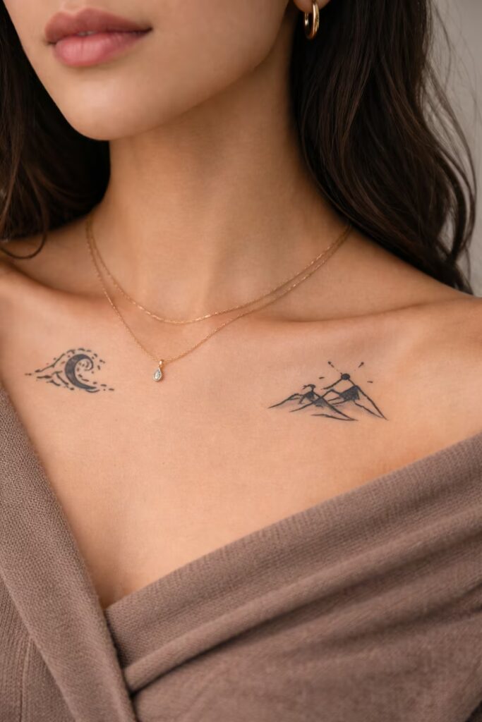 Wave & Mountain Collarbone Tattoo Design