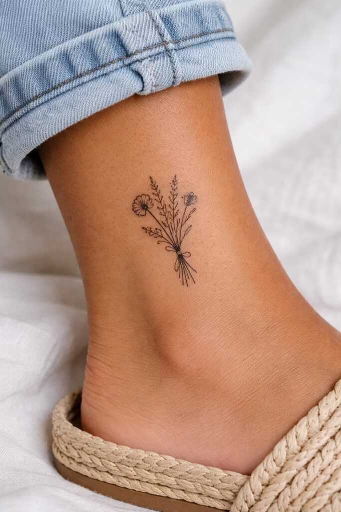 Wildflower Bouquet Fine Line Floral Ankle Tattoo