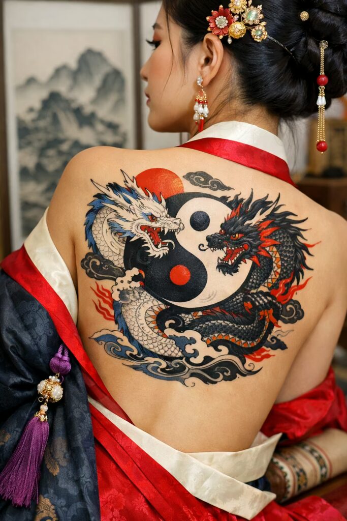 Yin-Yang Dragon Traditional Tattoo Design