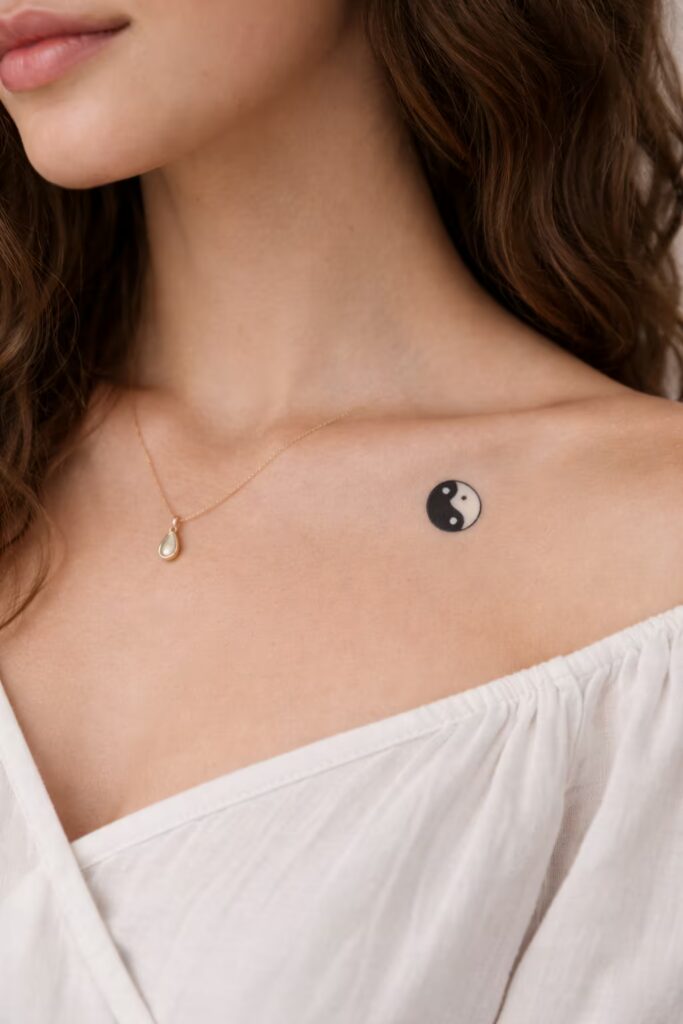 Yin & Yang Silhouette Tattoo on Collarbone 