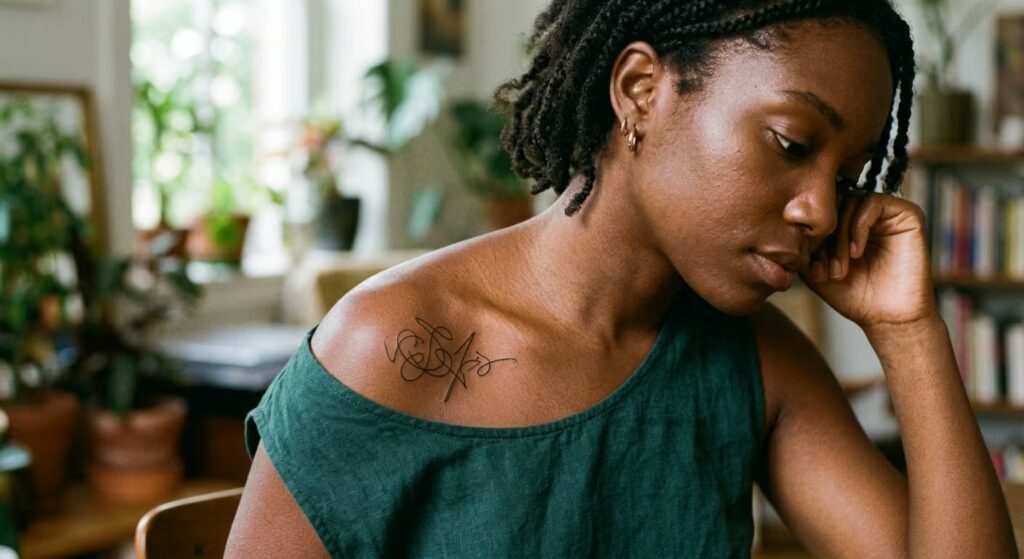 Abstract Expressionist Single Continuous Line Front Shoulder Tattoos