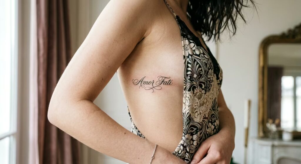 Amor Fati — Parisian Cursive Script Fine Line Tattoo