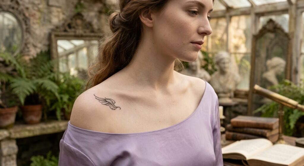 Art Nouveau “Whiplash” Raven’s Wing Front Shoulder Tattoos