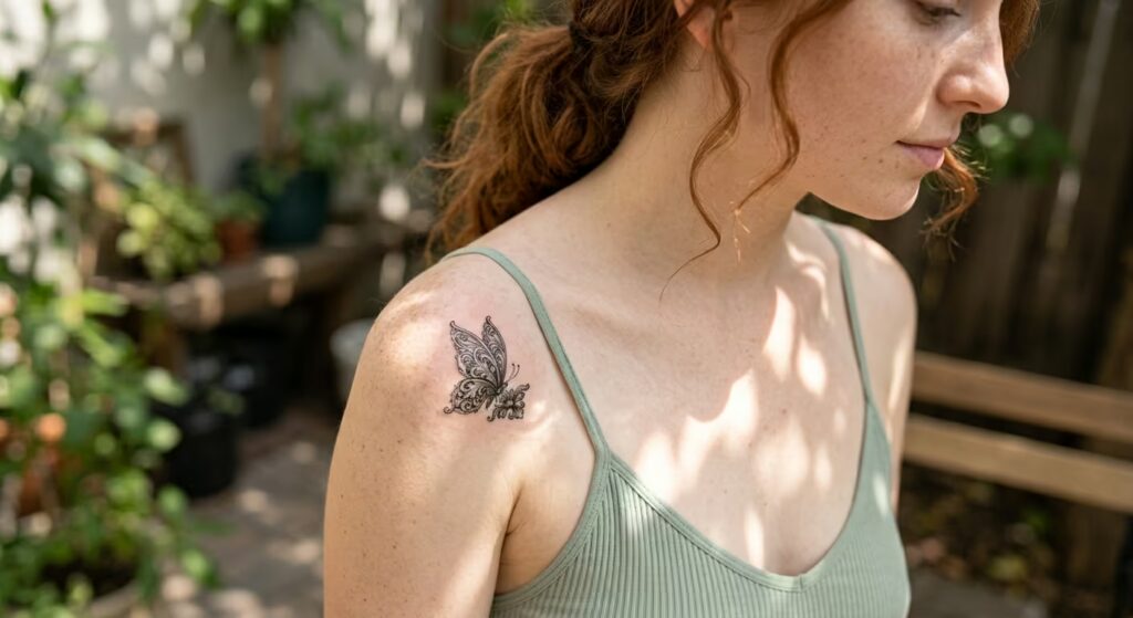 Baroque Gold-Leaf Style Butterfly Landing Front Shoulder Tattoos