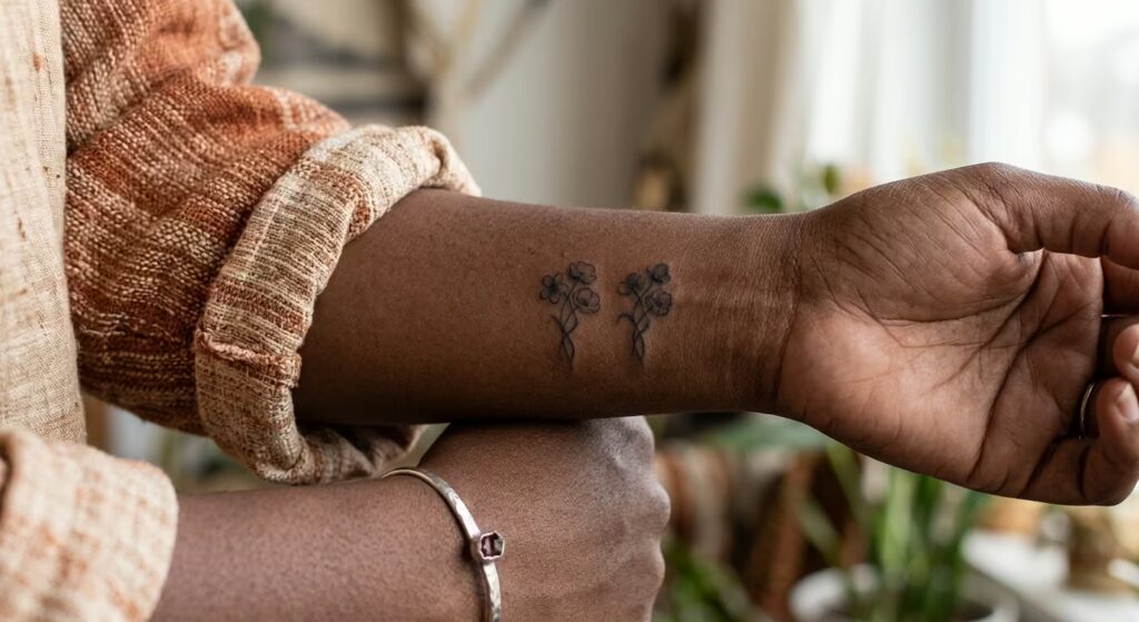 Blurred Edge Intertwined Birth Flowers tattoo