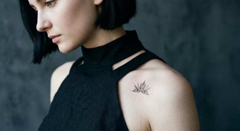 Charcoal Style Art Deco Sunbeam Front Shoulder Tattoos