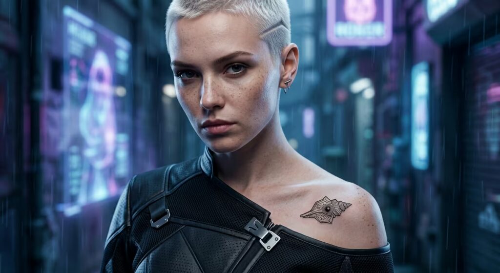 Cyberpunk Neon Sea Shell & Pearl Front Shoulder Tattoos
