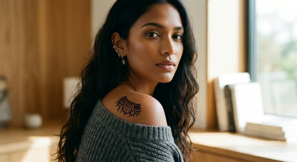 Glitch Art “Beaded Epaulet” Front Shoulder Tattoos