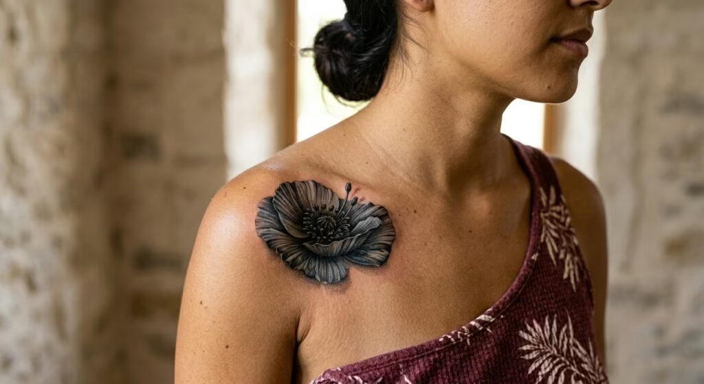 Hyper-Realistic 3D “Sun-Kissed” Poppy Front Shoulder Tattoos