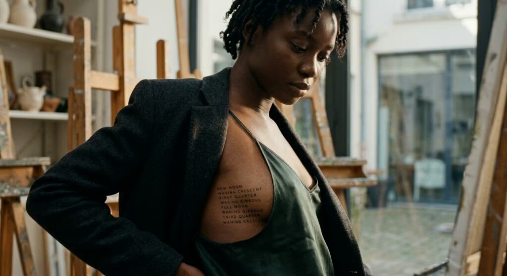 Lunar Phases — All-Caps Sans-Serif Fine Line Tattoo