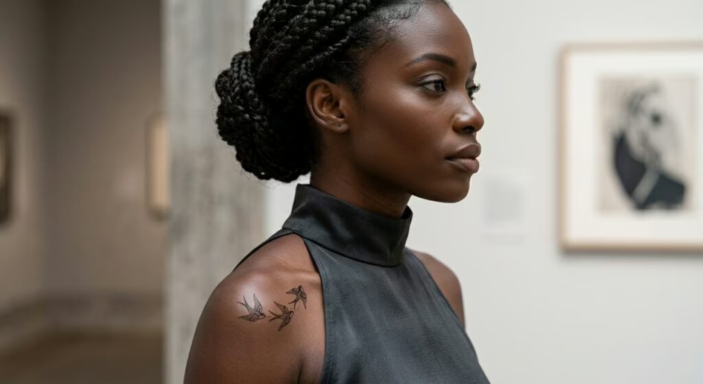 Mehndi Style Swallow Migration Front Shoulder Tattoos