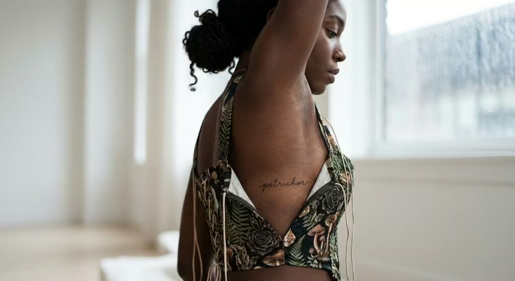 Petrichor — Lowercase Script Fine Line Tattoo