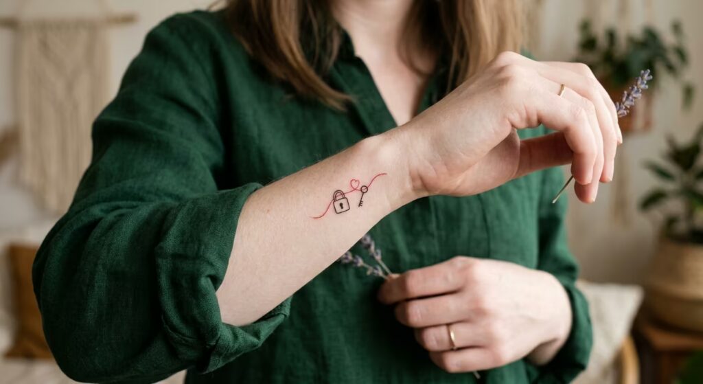 Red Thread Lock and Key mother daughter tattoo