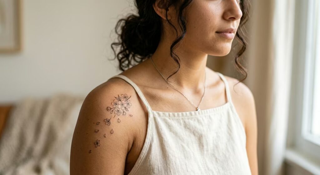Single-Needle Fine Line Cherry Blossom Drift Front Shoulder Tattoos