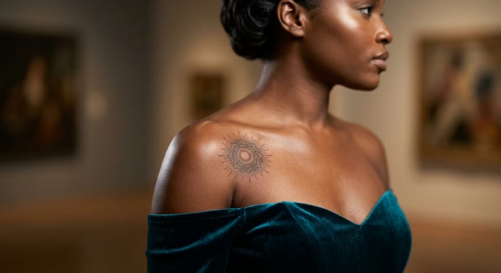 Tiny Black Sunburst Mandala Front Shoulder Tattoos