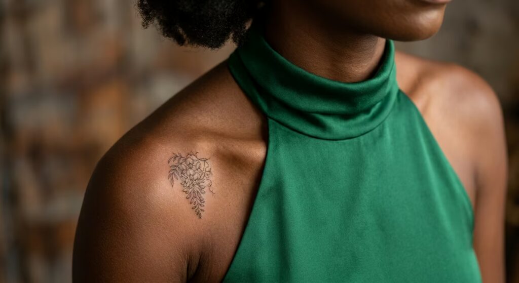 Vintage Botanical Cascading Wisteria Front Shoulder Tattoos