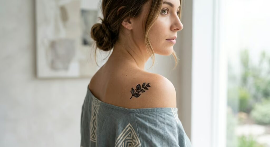 Woodcut Style Eucalyptus Sprig Front Shoulder Tattoos
