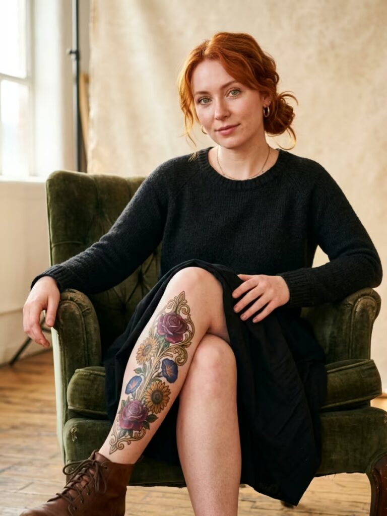 18. The Art Nouveau Rose Pillar Down the Shin Tattoo