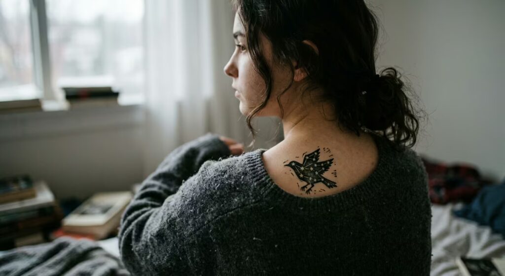 Woodblock Constellation Bird Shoulder Tattoo
