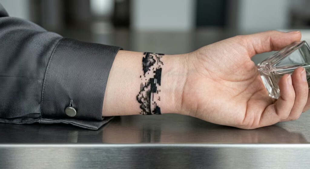 A Unique _Digital Drift_ Glitch Art Cloud Scape Bracelet Tattoo Idea