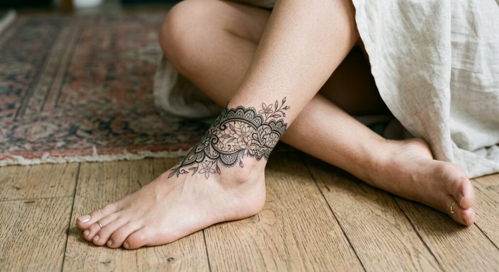 Black Lace and Star Jasmine Floral Ankle Tattoo Wrap
