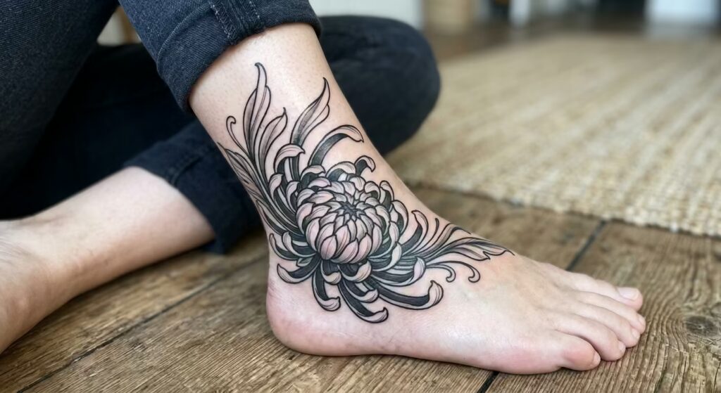 Bold Chrysanthemum Floral Ankle Tattoo Wrap