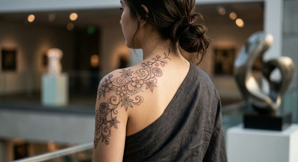 Cascading Irezumi Vines Shoulder Feminine Tattoo