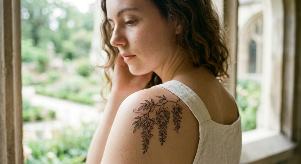 Cascading Wisteria Shoulder Feminine Tattoo