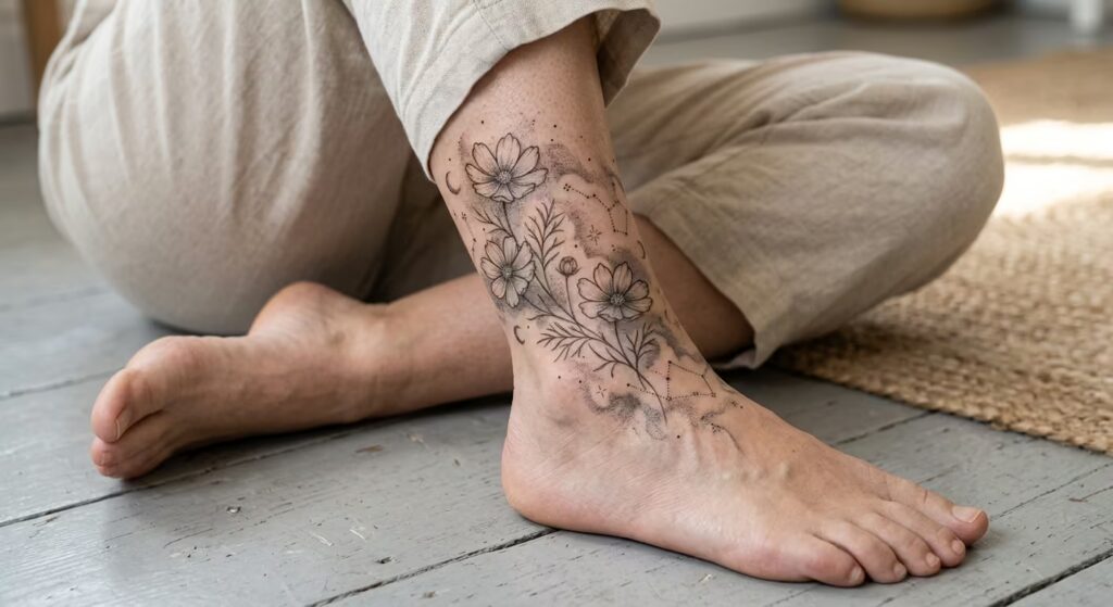 Celestial Cosmos Floral Ankle Tattoo Wrap