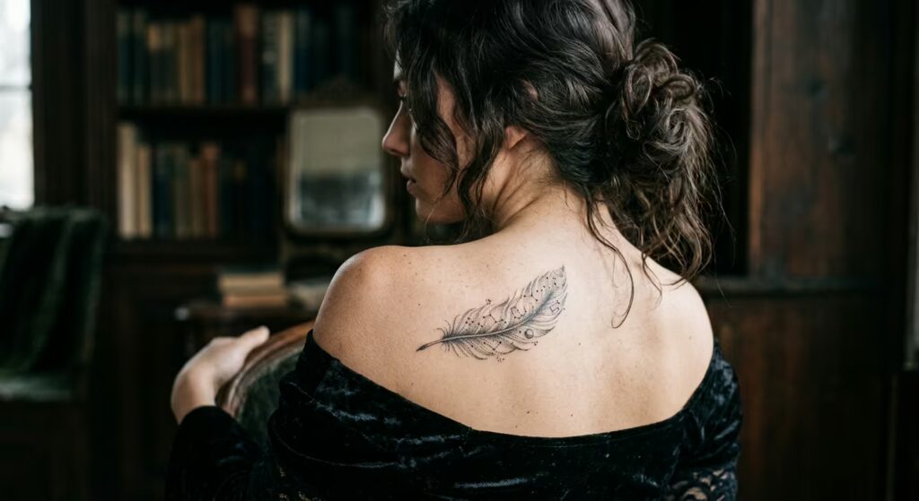 Dusty Starfeather Pointillism Shoulder Tattoo