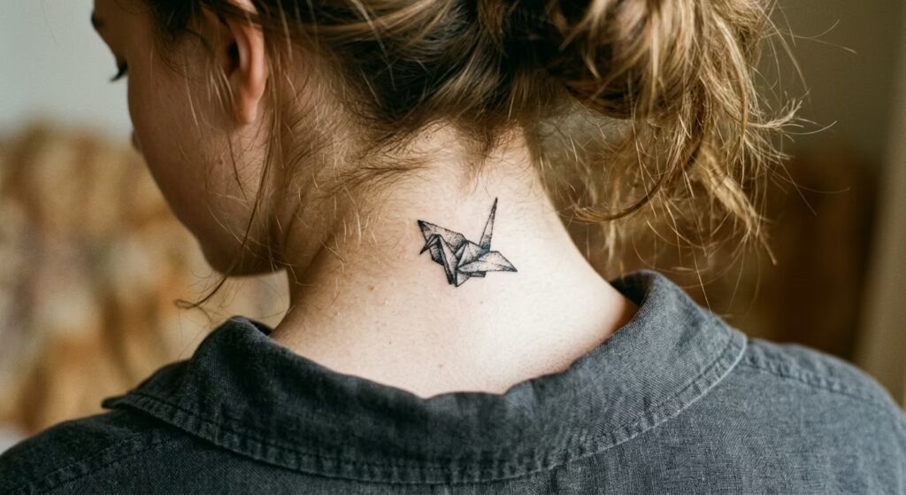 Cyanotype Origami Crane Nape Tattoo