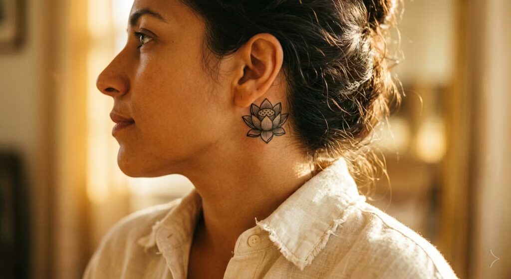 Embracing Transcendence_ A Divine Stippled Woodcut Lotus Tattoo that feels Spiritual and Artistic