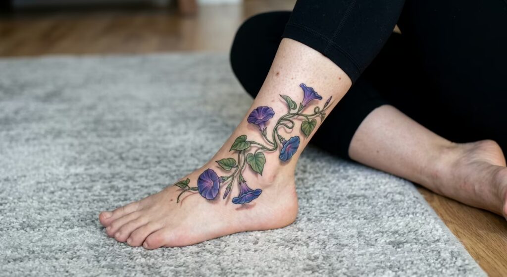 Floating Morning Glory Surrealist Flower Ankle Tattoo Wrap