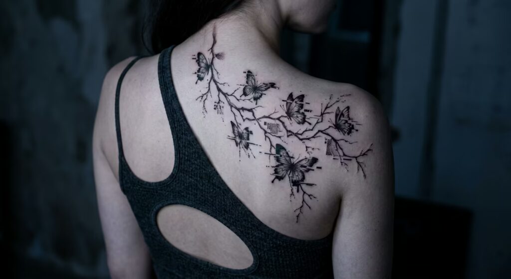 Fracture & Form: Glitch Art Butterflies Shoulder Tattoo